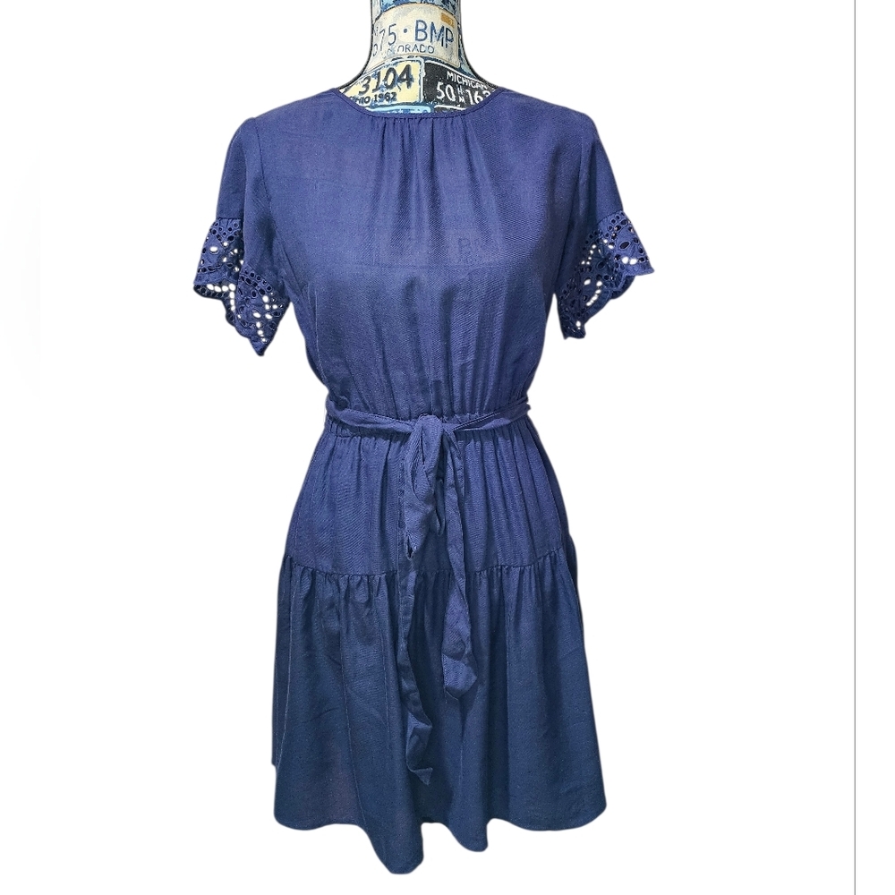Michael Kors Navy Blue Tiered Eyelet Short Sleeve Dress XS